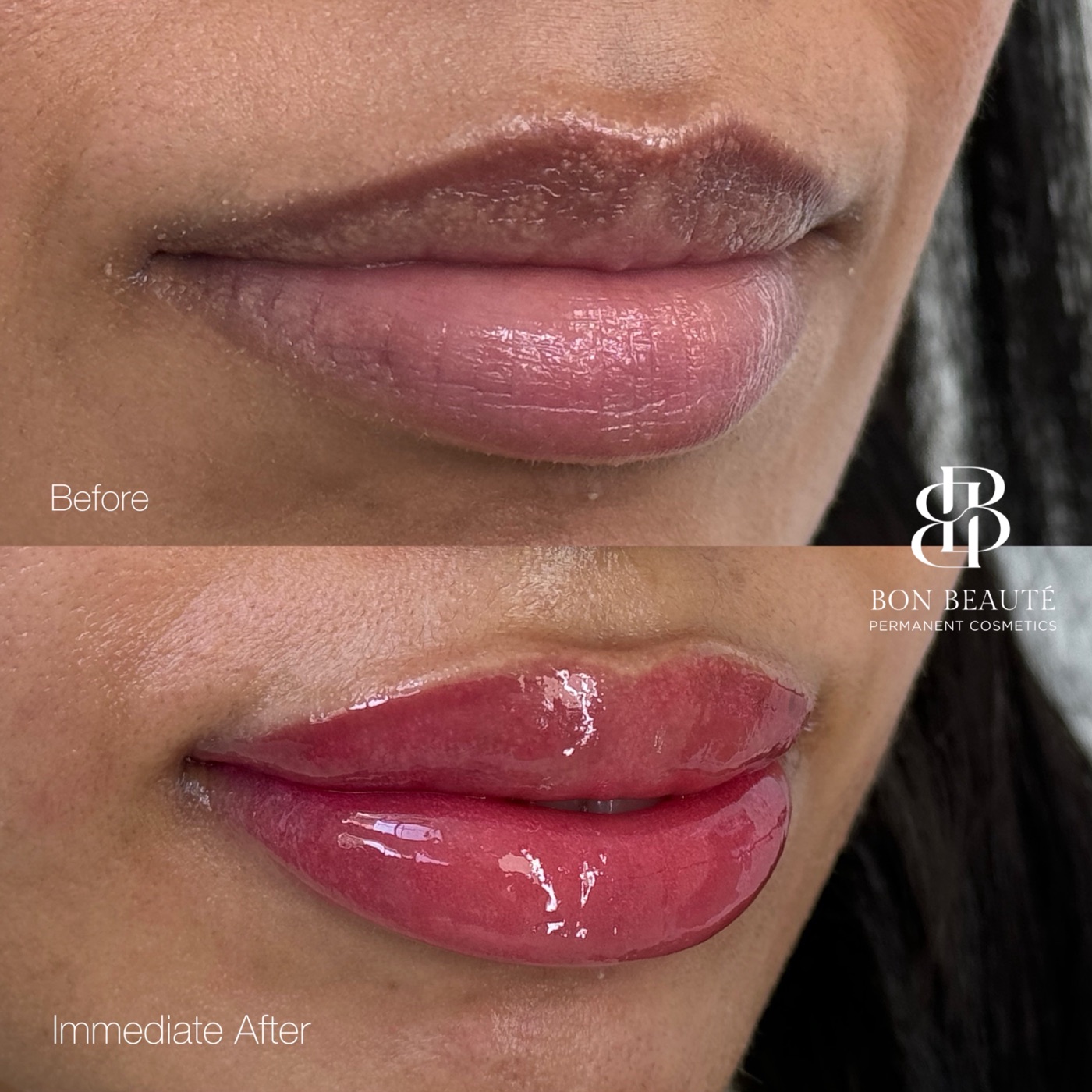 Lip blush before and after — soft, glossy red result