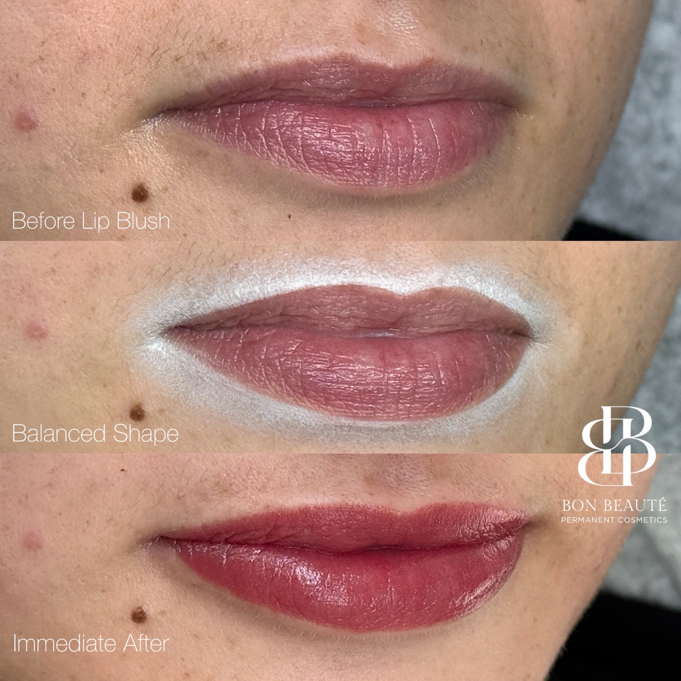 Lip blush — before, balanced shape mapping, and after