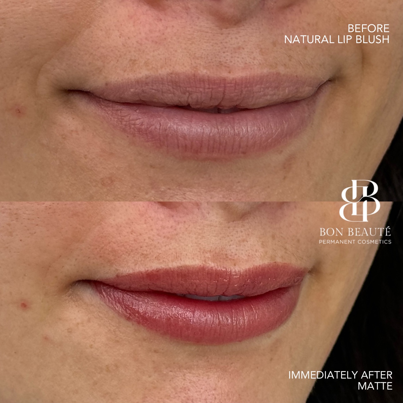 Natural lip blush before and after, matte finish