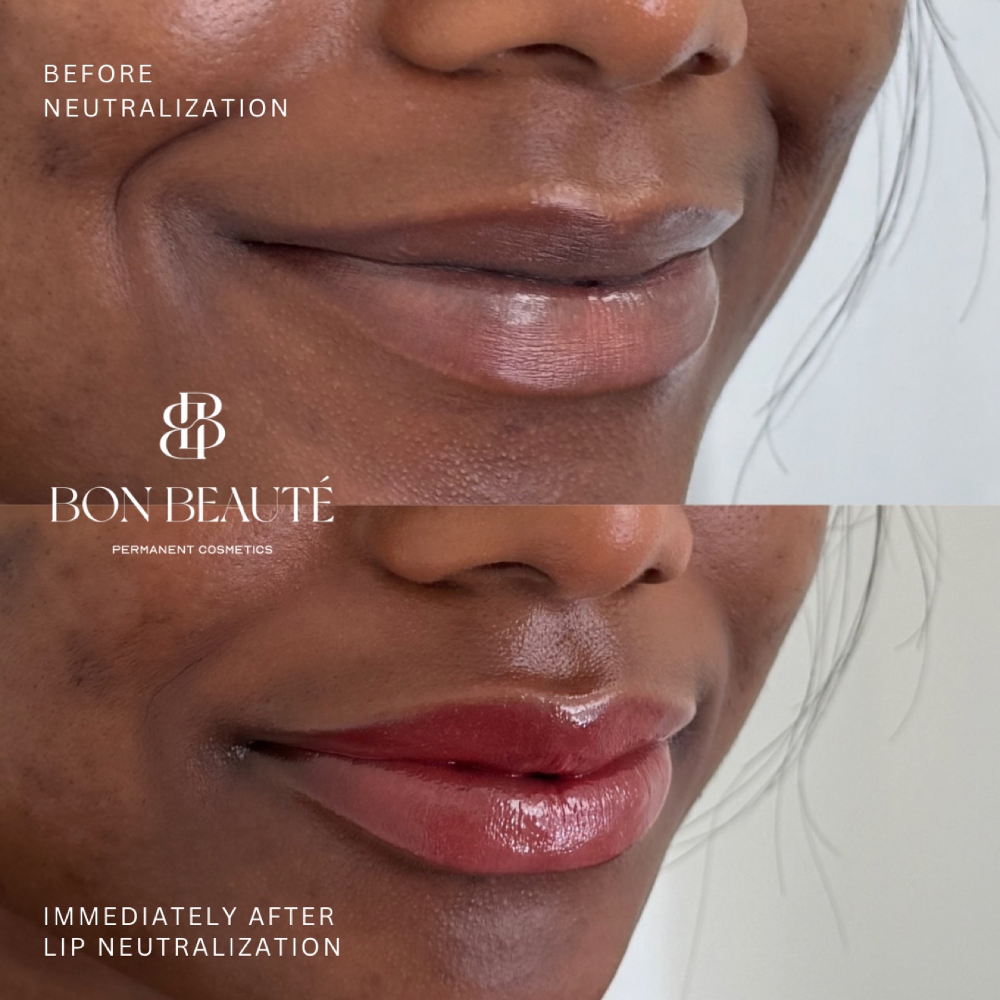 Lip neutralization before and immediately after — deep correction to red